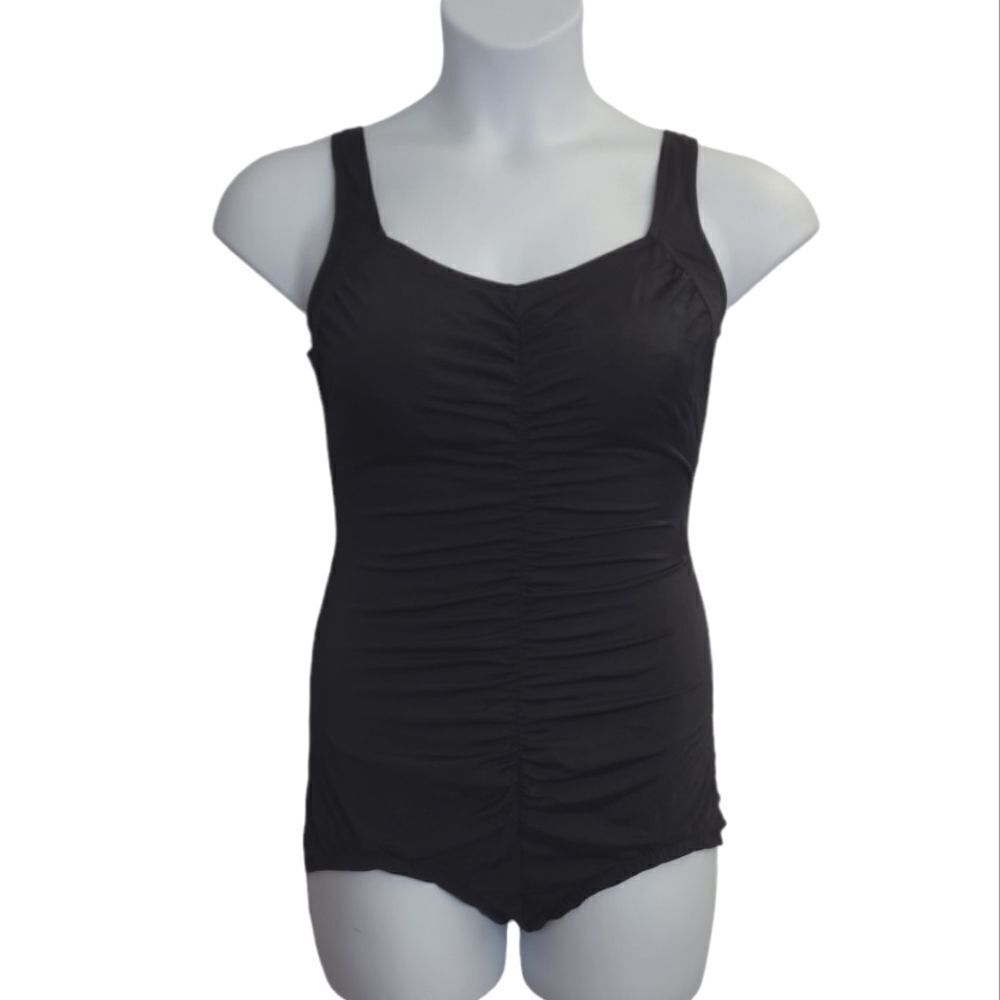 VINTAGE 90s black modest ruched front one piece retro swimsuit M/L